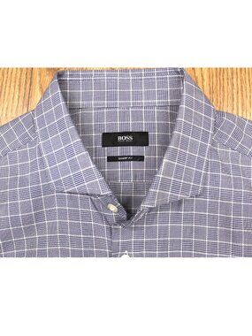 HUGO BOSS SHARP FIT 100% COTTON SHIRT NAVY & LINEN Sz 17 1/2 | X-LARGE, XL